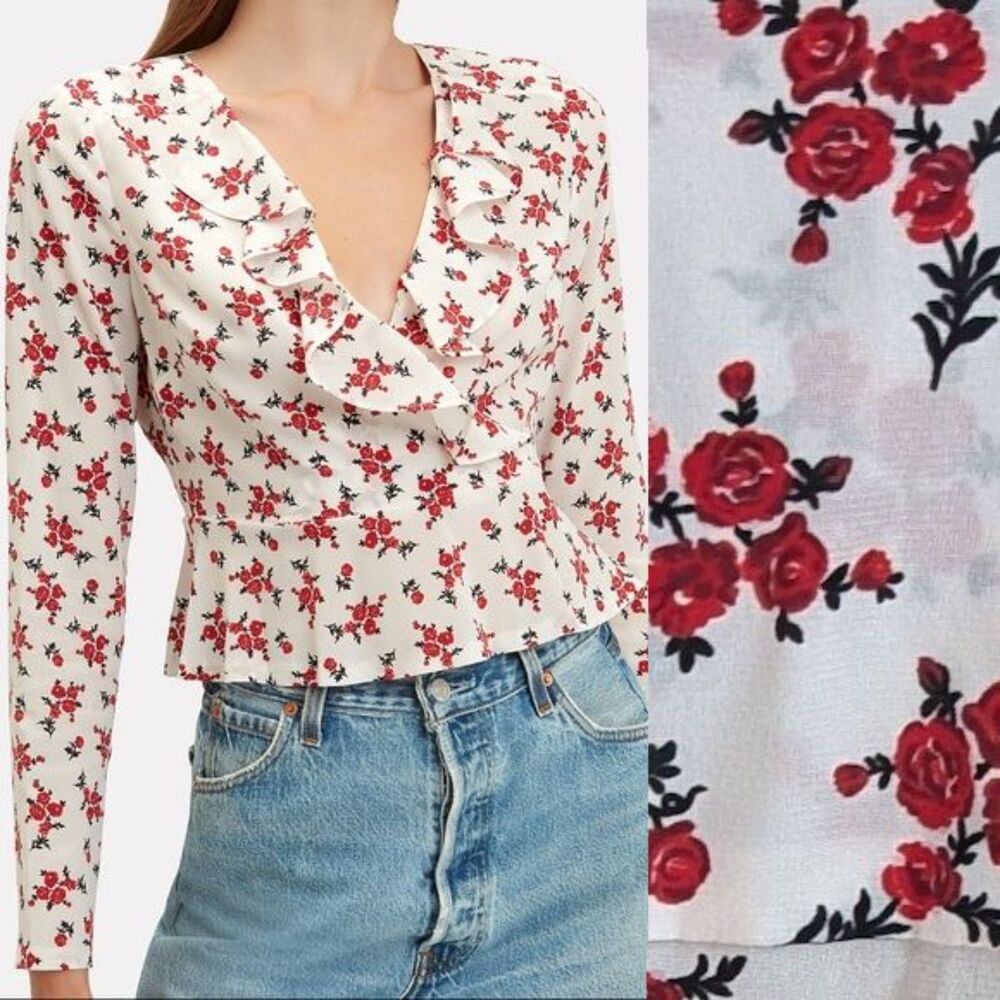 Intermix Silk Blouse Floral Top Ruffle Wrap Cottage Peplum Roses Size 2
